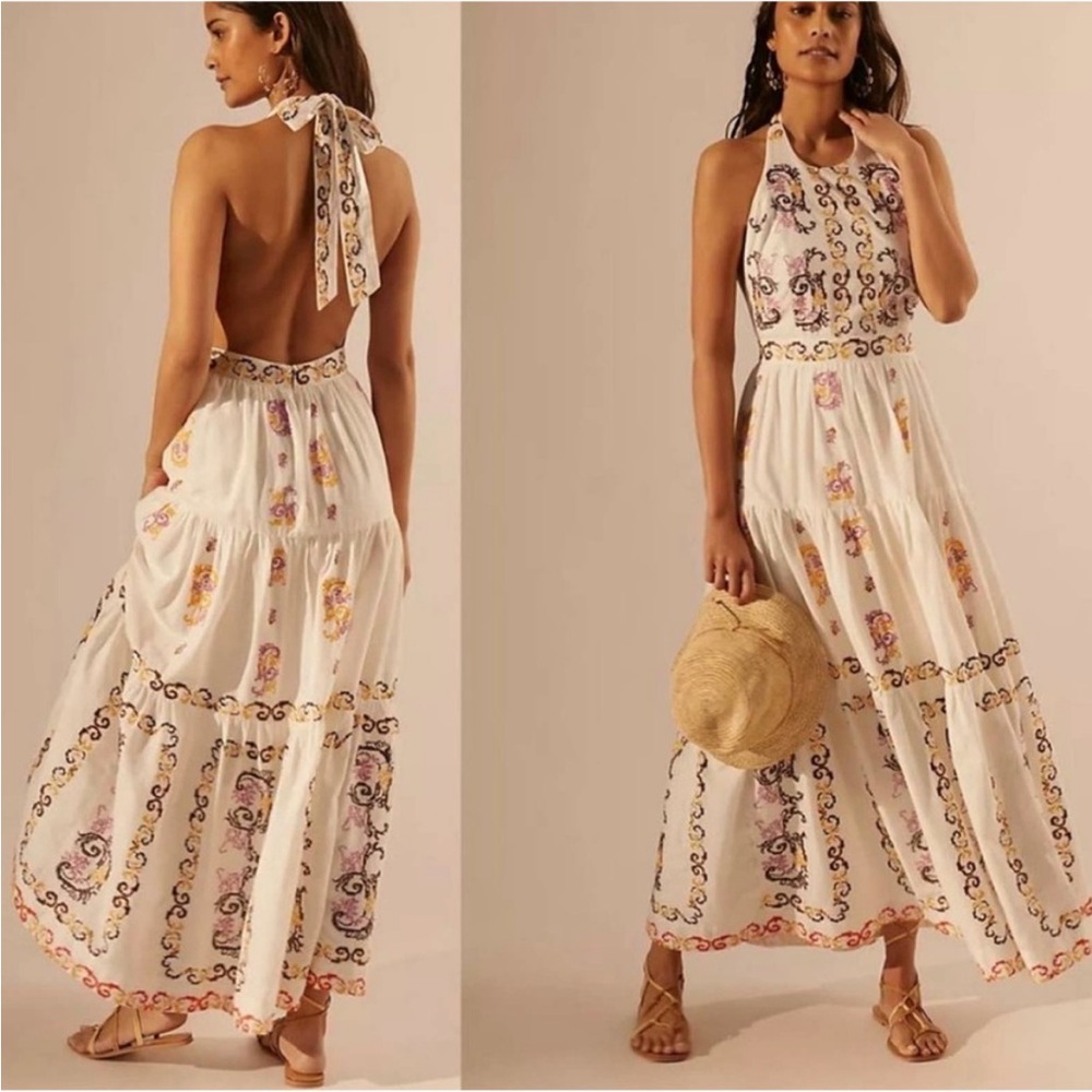 Anthropologie Medallion Halter Embroidered Maxi dress